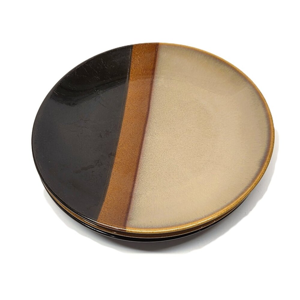Vtg Sango Tempo Black 5170 Salad Plate Lot Set x3 Dessert Tan Rust Stripe 8.25”
